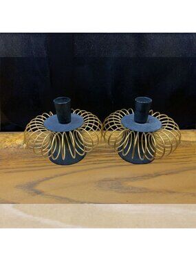 Vintage MCM Brass Spiral Wire Candlestick Holders Pair